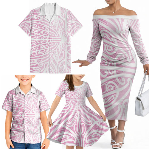 Pink New Zealand Puhoro Maori Tattoo Family Matching Off The Shoulder Long Sleeve Dress and Hawaiian Shirt