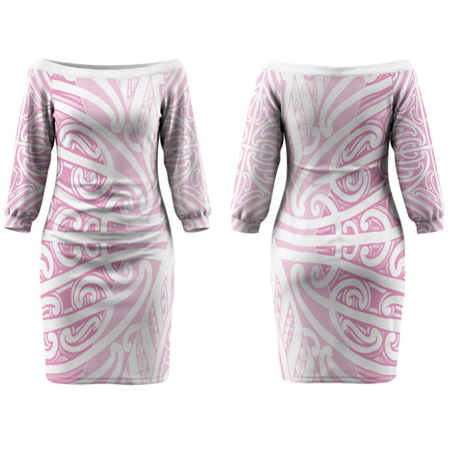 Pink New Zealand Puhoro Maori Tattoo Family Matching Off The Shoulder Long Sleeve Dress and Hawaiian Shirt