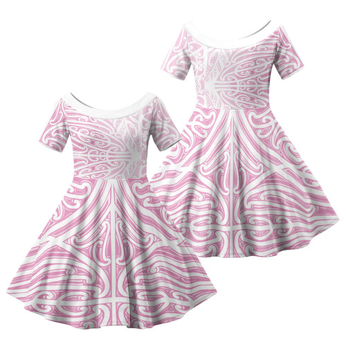 Pink New Zealand Puhoro Maori Tattoo Family Matching Off The Shoulder Long Sleeve Dress and Hawaiian Shirt