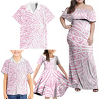Pink New Zealand Puhoro Maori Tattoo Family Matching Off Shoulder Maxi Dress and Hawaiian Shirt