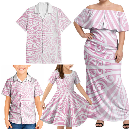 Pink New Zealand Puhoro Maori Tattoo Family Matching Off Shoulder Maxi Dress and Hawaiian Shirt