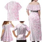 Pink New Zealand Puhoro Maori Tattoo Family Matching Off Shoulder Maxi Dress and Hawaiian Shirt