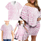 Pink New Zealand Puhoro Maori Tattoo Family Matching Off Shoulder Short Dress and Hawaiian Shirt