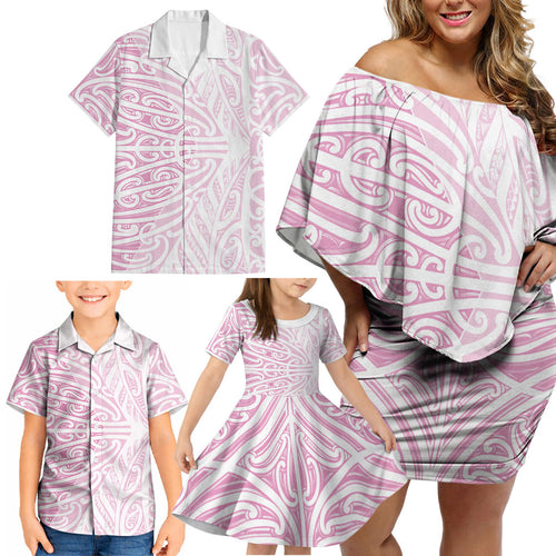Pink New Zealand Puhoro Maori Tattoo Family Matching Off Shoulder Short Dress and Hawaiian Shirt