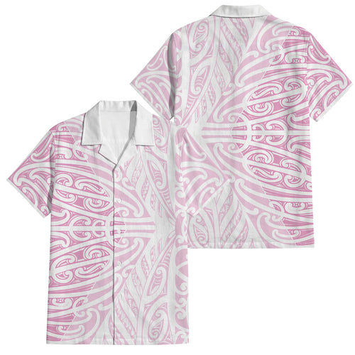 Pink New Zealand Puhoro Maori Tattoo Family Matching Off Shoulder Short Dress and Hawaiian Shirt