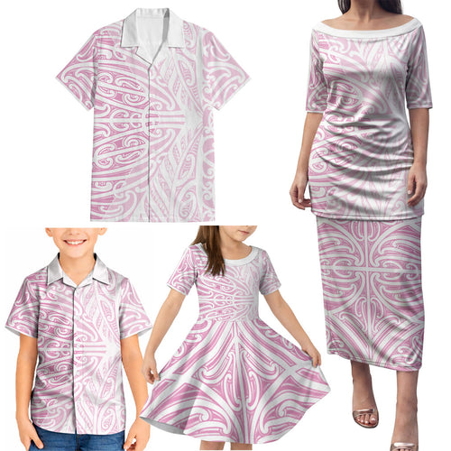 Pink New Zealand Puhoro Maori Tattoo Family Matching Puletasi and Hawaiian Shirt