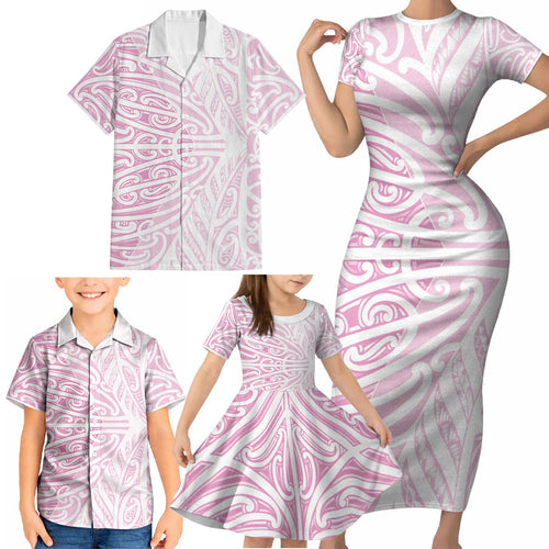Pink New Zealand Puhoro Maori Tattoo Family Matching Short Sleeve Bodycon Dress and Hawaiian Shirt