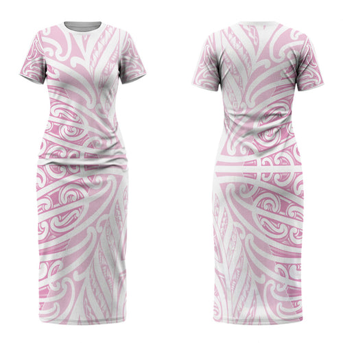 Pink New Zealand Puhoro Maori Tattoo Family Matching Short Sleeve Bodycon Dress and Hawaiian Shirt