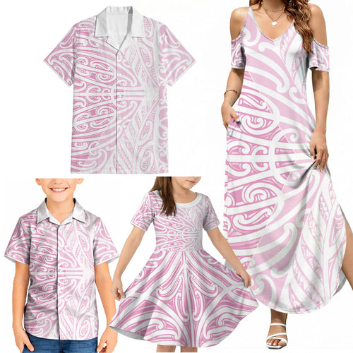 Pink New Zealand Puhoro Maori Tattoo Family Matching Summer Maxi Dress and Hawaiian Shirt