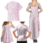 Pink New Zealand Puhoro Maori Tattoo Family Matching Summer Maxi Dress and Hawaiian Shirt