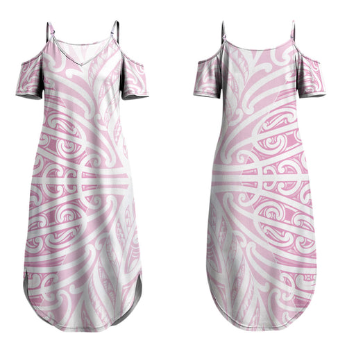 Pink New Zealand Puhoro Maori Tattoo Family Matching Summer Maxi Dress and Hawaiian Shirt