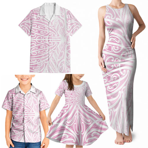Pink New Zealand Puhoro Maori Tattoo Family Matching Tank Maxi Dress and Hawaiian Shirt
