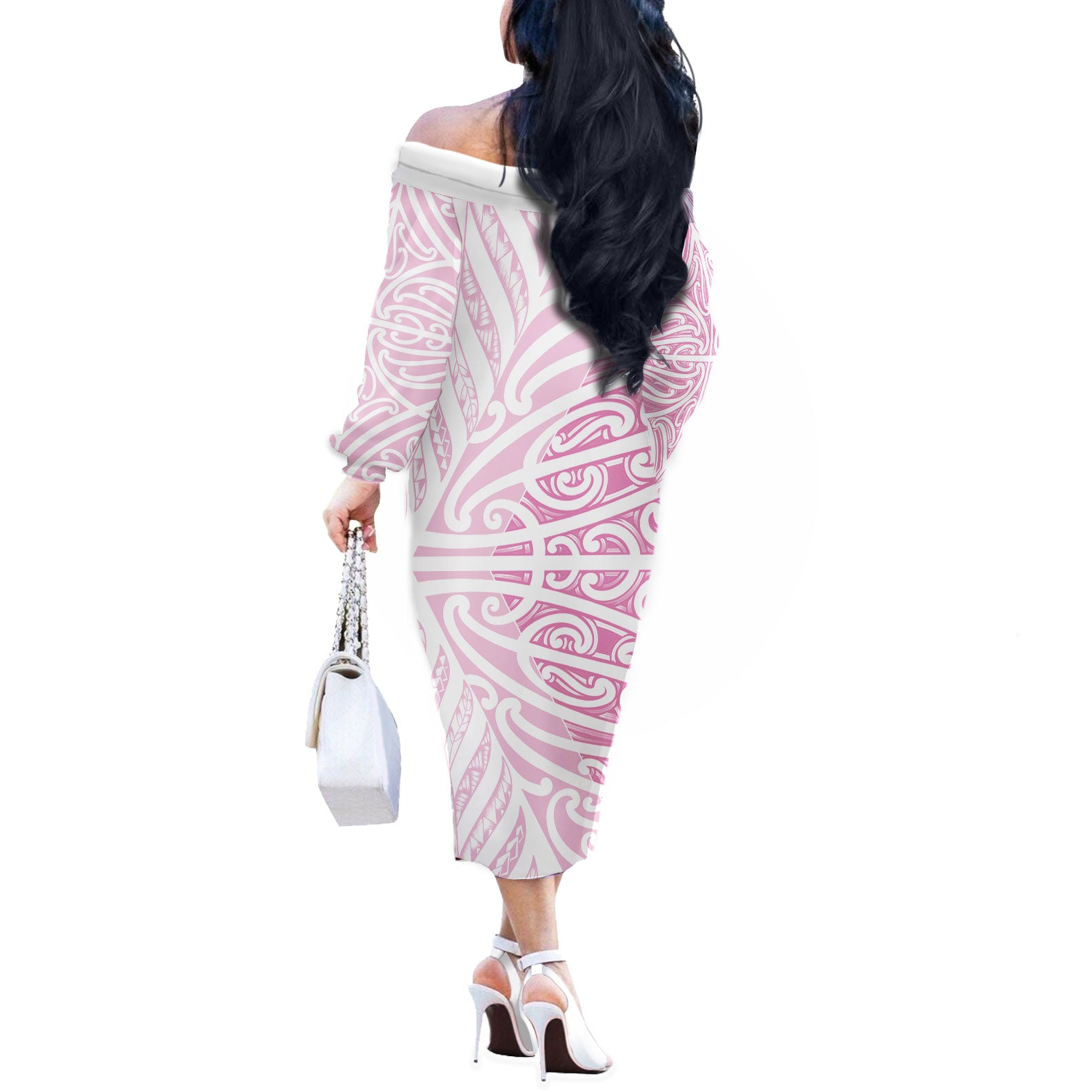 Pink New Zealand Puhoro Maori Tattoo Off The Shoulder Long Sleeve Dress