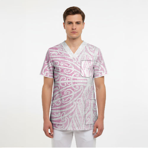 Pink New Zealand Puhoro Maori Tattoo Scrub Top