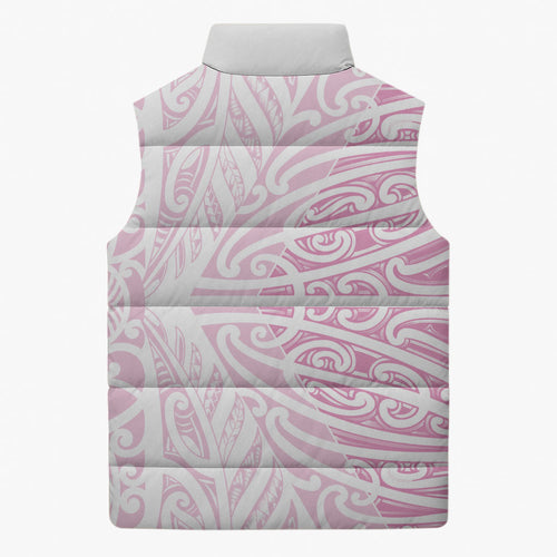 Pink New Zealand Puhoro Maori Tattoo Sleeveless Puffer Jacket