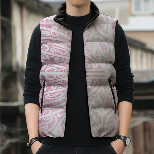 Pink New Zealand Puhoro Maori Tattoo Sleeveless Puffer Jacket