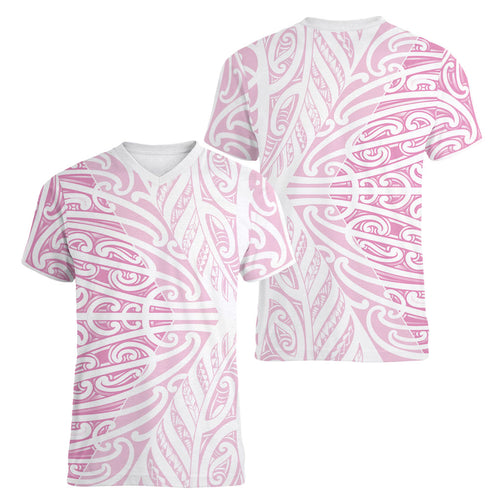 Pink New Zealand Puhoro Maori Tattoo Women V-Neck T-Shirt