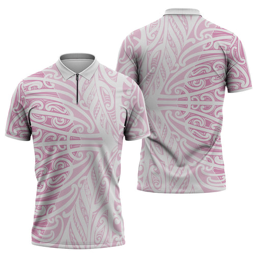 Pink New Zealand Puhoro Maori Tattoo Zipper Polo Shirt