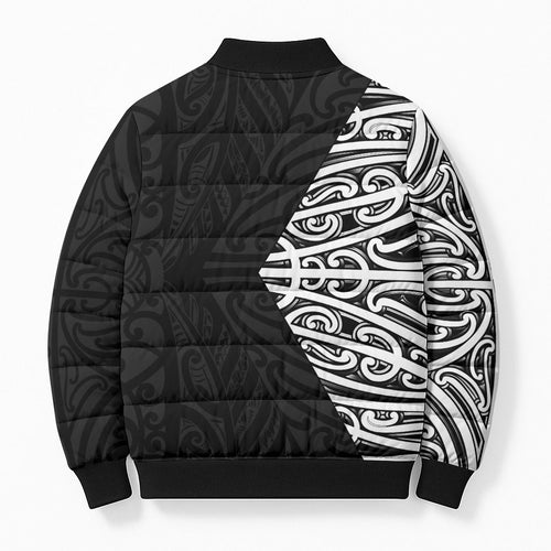 Black New Zealand Puhoro Maori Tattoo Bomber Puffer Jacket