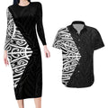 Black New Zealand Puhoro Maori Tattoo Couples Matching Long Sleeve Bodycon Dress and Hawaiian Shirt