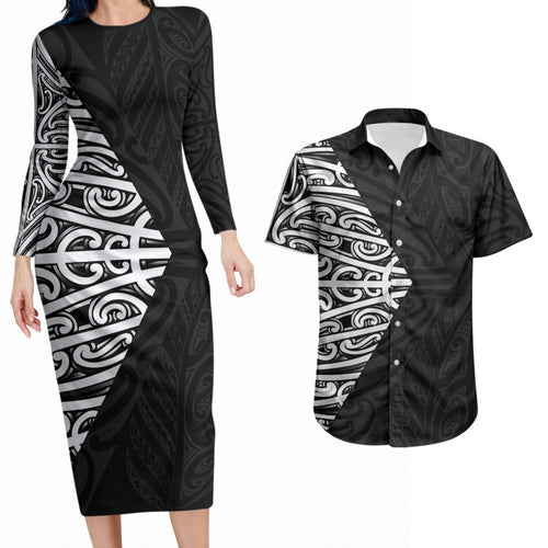 Black New Zealand Puhoro Maori Tattoo Couples Matching Long Sleeve Bodycon Dress and Hawaiian Shirt