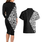 Black New Zealand Puhoro Maori Tattoo Couples Matching Long Sleeve Bodycon Dress and Hawaiian Shirt