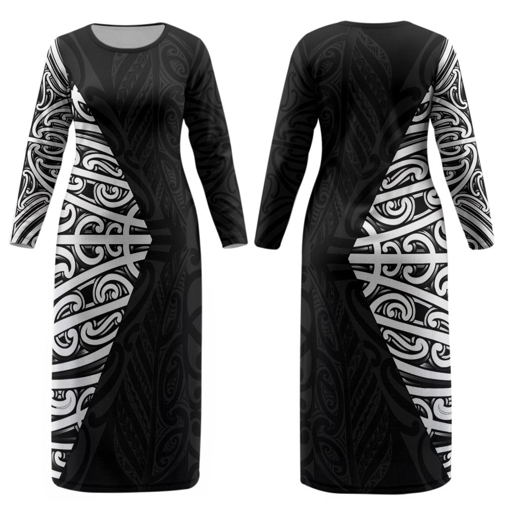 Black New Zealand Puhoro Maori Tattoo Couples Matching Long Sleeve Bodycon Dress and Hawaiian Shirt LT14