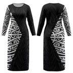 Black New Zealand Puhoro Maori Tattoo Couples Matching Long Sleeve Bodycon Dress and Hawaiian Shirt LT14