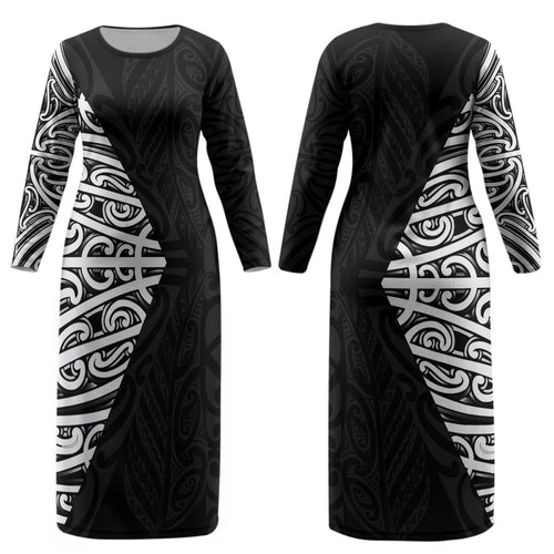 Black New Zealand Puhoro Maori Tattoo Couples Matching Long Sleeve Bodycon Dress and Hawaiian Shirt LT14