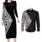 Black New Zealand Puhoro Maori Tattoo Couples Matching Long Sleeve Bodycon Dress and Long Sleeve Button Shirt