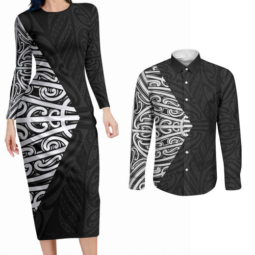 Black New Zealand Puhoro Maori Tattoo Couples Matching Long Sleeve Bodycon Dress and Long Sleeve Button Shirt