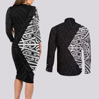Black New Zealand Puhoro Maori Tattoo Couples Matching Long Sleeve Bodycon Dress and Long Sleeve Button Shirt