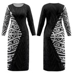 Black New Zealand Puhoro Maori Tattoo Couples Matching Long Sleeve Bodycon Dress and Long Sleeve Button Shirt LT14