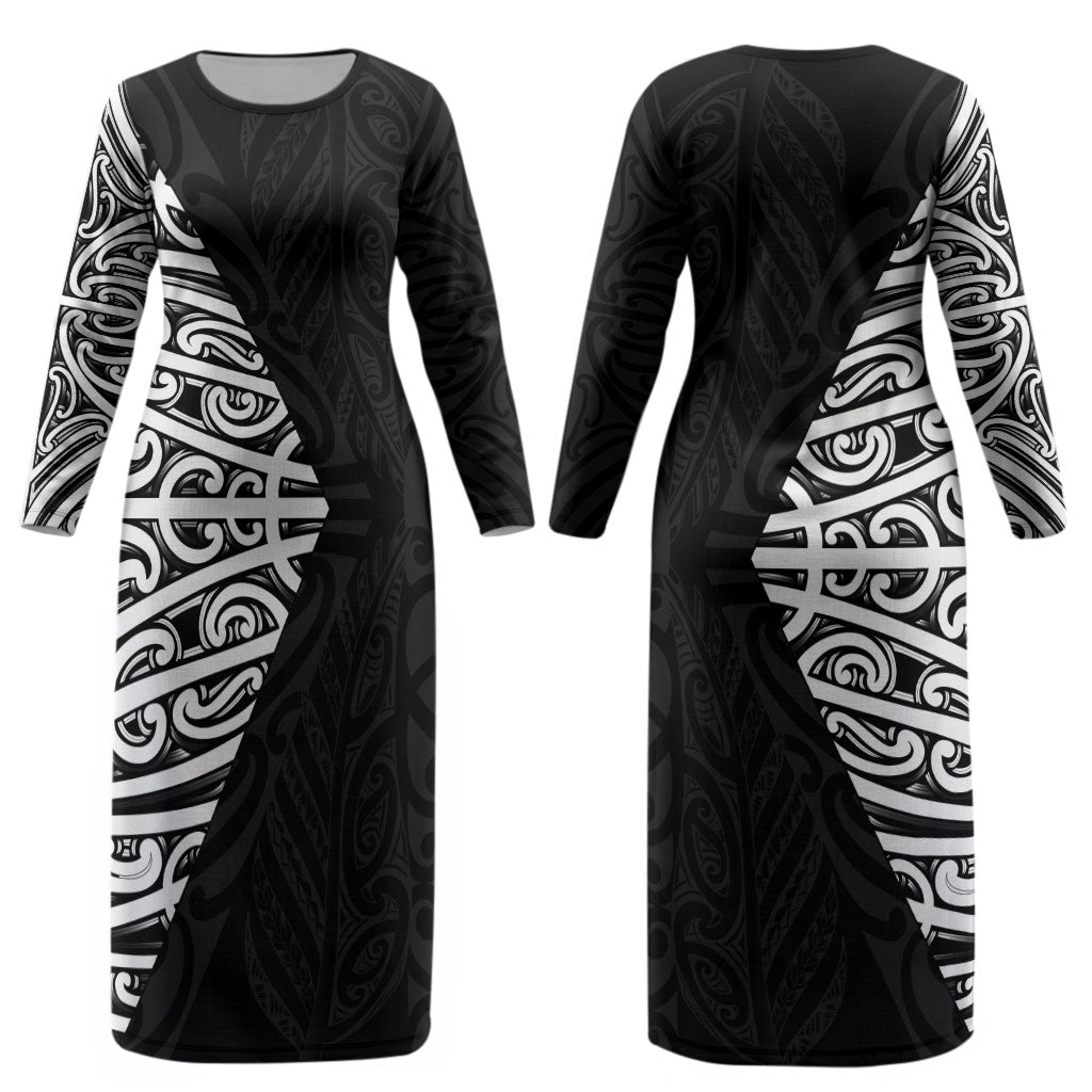Black New Zealand Puhoro Maori Tattoo Couples Matching Long Sleeve Bodycon Dress and Long Sleeve Button Shirt LT14