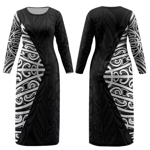 Black New Zealand Puhoro Maori Tattoo Couples Matching Long Sleeve Bodycon Dress and Long Sleeve Button Shirt LT14