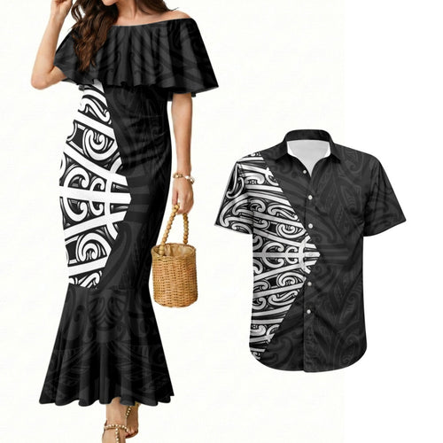 Black New Zealand Puhoro Maori Tattoo Couples Matching Mermaid Dress and Hawaiian Shirt