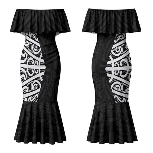 Black New Zealand Puhoro Maori Tattoo Couples Matching Mermaid Dress and Hawaiian Shirt LT14