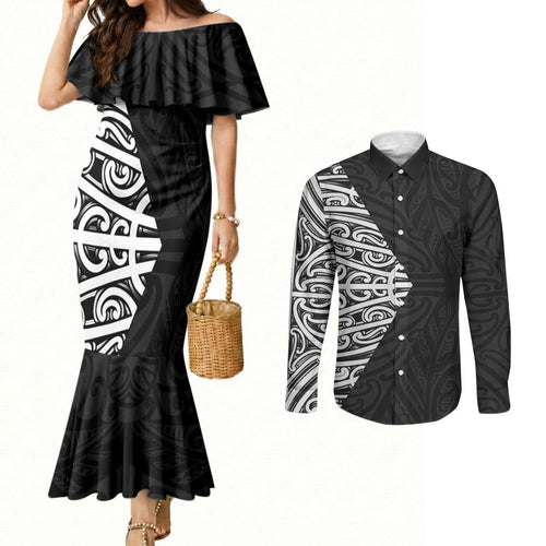 Black New Zealand Puhoro Maori Tattoo Couples Matching Mermaid Dress and Long Sleeve Button Shirt