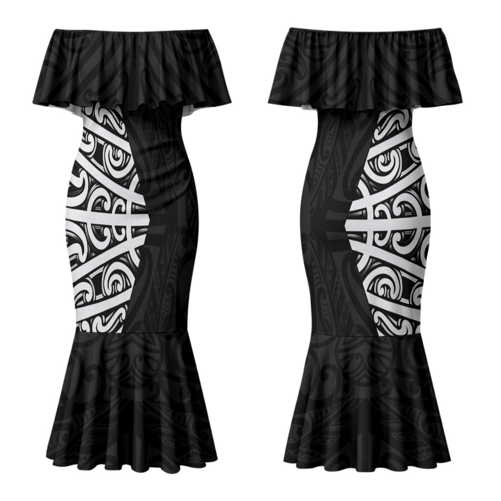 Black New Zealand Puhoro Maori Tattoo Couples Matching Mermaid Dress and Long Sleeve Button Shirt LT14