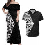 Black New Zealand Puhoro Maori Tattoo Couples Matching Off Shoulder Maxi Dress and Hawaiian Shirt