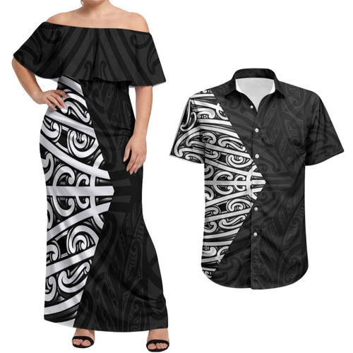 Black New Zealand Puhoro Maori Tattoo Couples Matching Off Shoulder Maxi Dress and Hawaiian Shirt