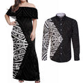 Black New Zealand Puhoro Maori Tattoo Couples Matching Off Shoulder Maxi Dress and Long Sleeve Button Shirt