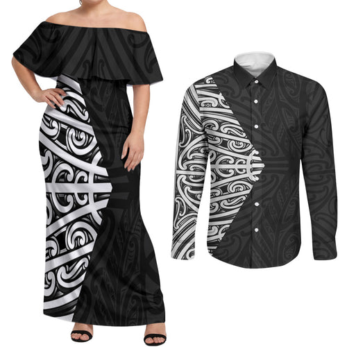 Black New Zealand Puhoro Maori Tattoo Couples Matching Off Shoulder Maxi Dress and Long Sleeve Button Shirt