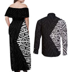 Black New Zealand Puhoro Maori Tattoo Couples Matching Off Shoulder Maxi Dress and Long Sleeve Button Shirt