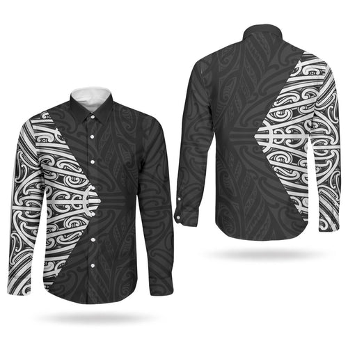 Black New Zealand Puhoro Maori Tattoo Couples Matching Off Shoulder Maxi Dress and Long Sleeve Button Shirt