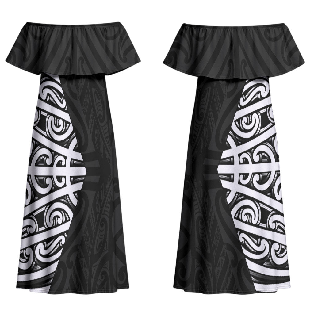 Black New Zealand Puhoro Maori Tattoo Couples Matching Off Shoulder Maxi Dress and Long Sleeve Button Shirt LT14