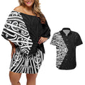 Black New Zealand Puhoro Maori Tattoo Couples Matching Off Shoulder Short Dress and Hawaiian Shirt