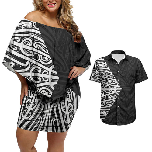 Black New Zealand Puhoro Maori Tattoo Couples Matching Off Shoulder Short Dress and Hawaiian Shirt