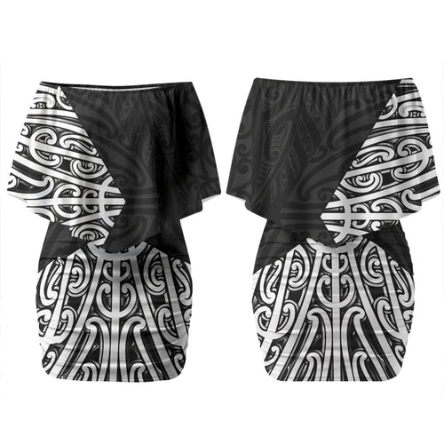 Black New Zealand Puhoro Maori Tattoo Couples Matching Off Shoulder Short Dress and Hawaiian Shirt