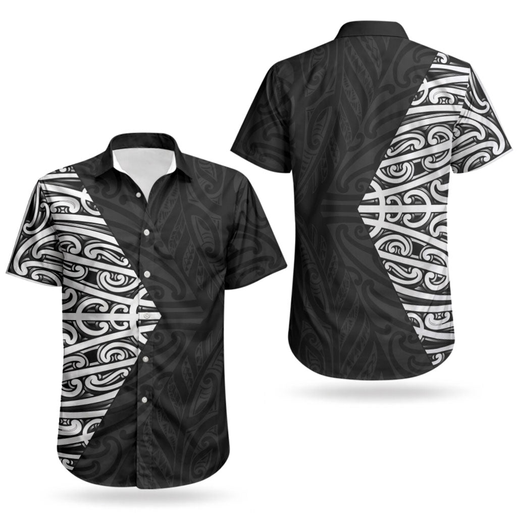 Black New Zealand Puhoro Maori Tattoo Couples Matching Off Shoulder Short Dress and Hawaiian Shirt LT14